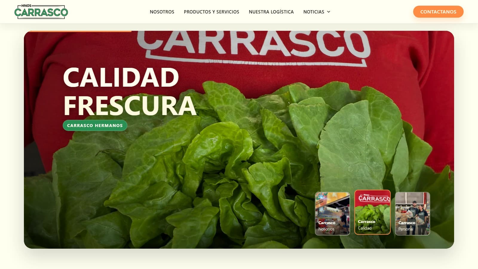 Página de inicio del sitio web de Carrasco Hermanos con navegación, llamada a la acción y presentación de productos frescos